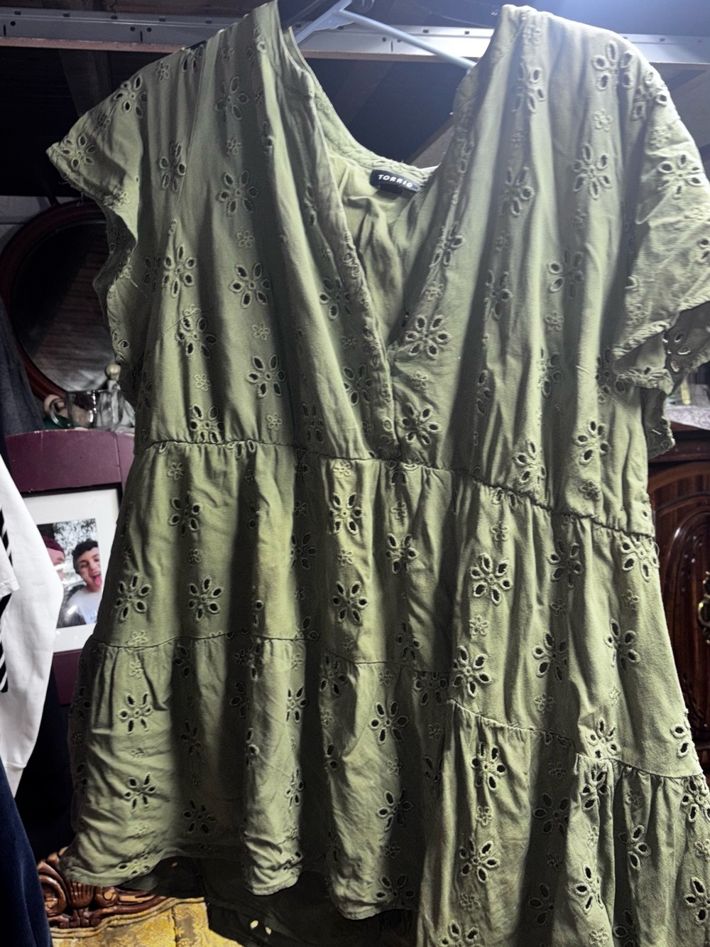 torrid Olive Green Eyelet Tiered V-Neck Blouse